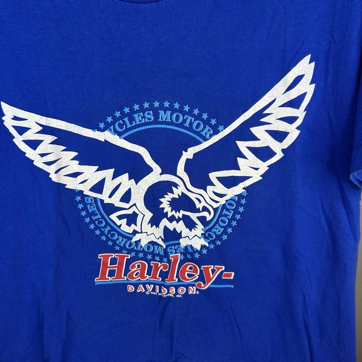 Vintage 90s 1991 Harley Davidson Motorcycle Eagle Blue Shirt