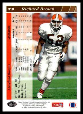 1993 Upper Deck #318 Richard Brown Cleveland Browns Football Card
