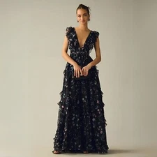 Mac Duggal 68090 Womens Size 12 Black Pink Blue Ruffle Floral Gown Maxi Dress