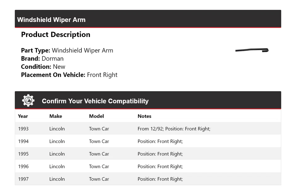 Brazo limpiaparabrisas delantero derecho Lincoln Town Car Dorman 1993-1997 1994 1995 Foto 2 de 3