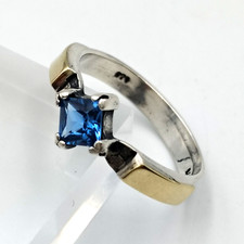 Vintage Sterling Silver 925 Gold Accent Blue Topaz Solitaire Setting Ring Sz 7