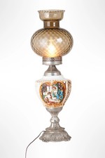 Big Vintage Italian Capodimonte Style Ceramic Table Lamp Amber Glass Shade 1960s