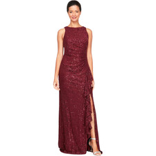Alex Evenings Long A-line Sleeveless Cascade Ruffle  Front Slit, Deep Red, 8