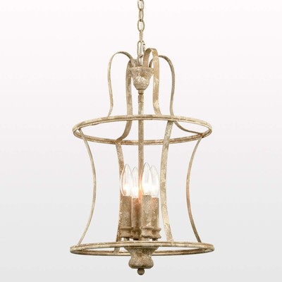 French Country Lantern Chandelier 4-Light Distressed White Pendant Light Fixture