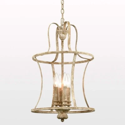 CLAXY French Country Lantern Chandelier 4-Light Distressed White Pendant Light Fixture