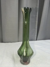 Wales Brand Art Glass Vase Green Multicolor Stripe Ruffled At Top 10"H Japan