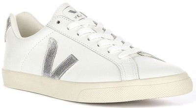 Veja Esplar Logo Glattes Leder Damen Trainer Weiß Silber EU 36-42