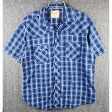 Wrangler Western Shirt Mens XL Short Sleeve Blue Plaid Pearl Snap Button Down