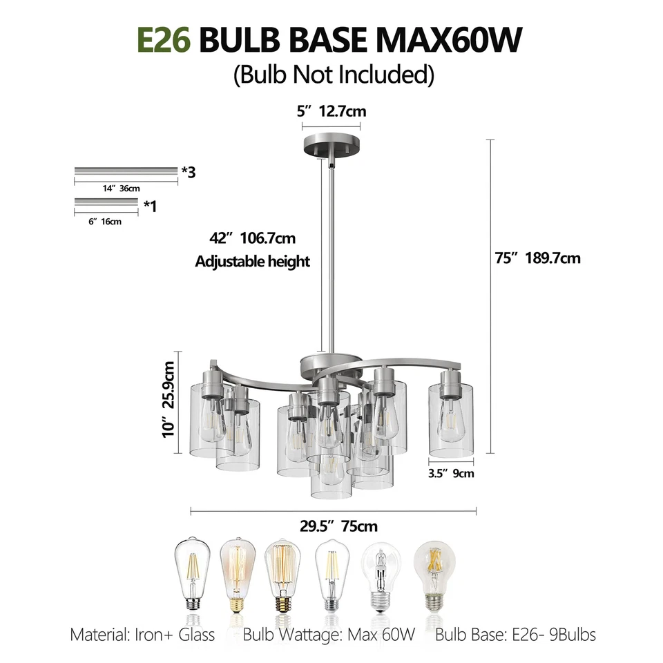 Lámpara de techo moderna de níquel de 30"" colgante de 9 luces para granja accesorio de cocina Foto 3 de 4