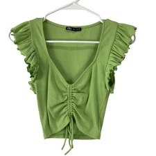 Zara Ribbed Ruffle Sleeve Ruched Drawstring Crop Top Green Size S