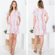 New PERFECT PEACH Large Mauve/Lilac Print Ruffle Sleeve Floral Dress w Pockets