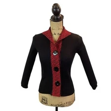 Vintage Three-Button Ribbed Cardigan Sweater Black Red