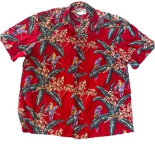 Vintage Paradise Found Mens Sz 2XL Red Tropical Parrots Hawaiian Camp Shirt