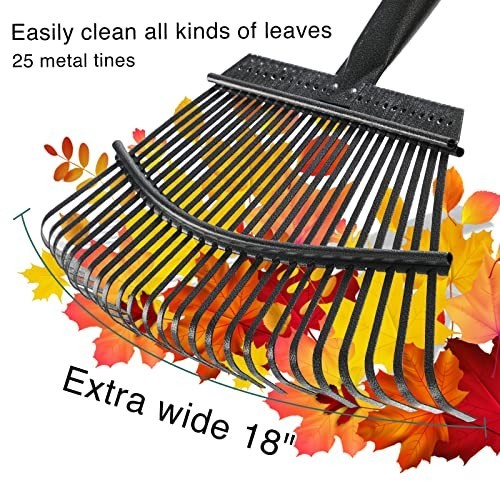 Garden Leaf Rake, Shrub Rake for Leaves Long Handle Heavy Duty, 18" Width - Picture 2 of 6