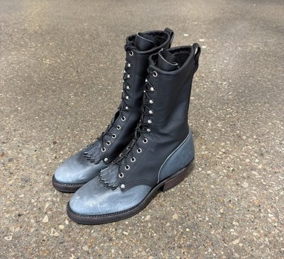 Vintage J Chisholm Packer Logger Boots Black Two Tone Kiltie Made In USA 8.5 D