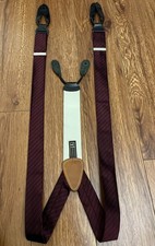 Trafalgar Silk Y Braces Suspenders Mens Maroon Red Stripe Brown Leather