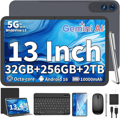 2026 13 Inch Android 16 Tablet with Keyboard, 32GB+256GB+2TB