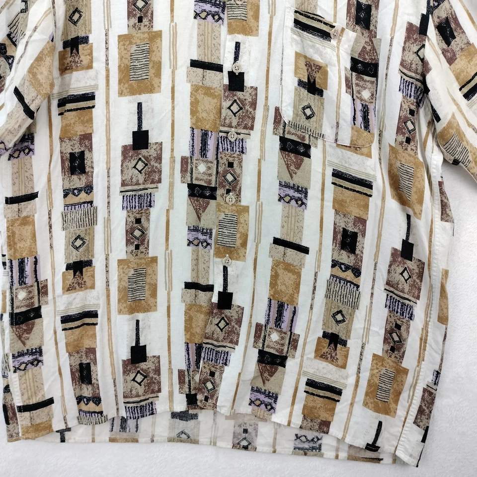 Camisa Carven Paris Para Hombres XL Marrón Mezcla de Lino Gráfico Azteca del Suroeste AOP Y2K Foto 4 de 4