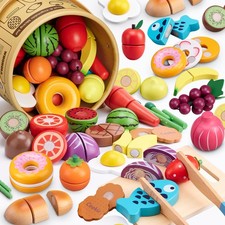 45 Pcs Wooden Play Food for Kids Kitchen, Pretend Cutting Fruit Vegetable Toys w