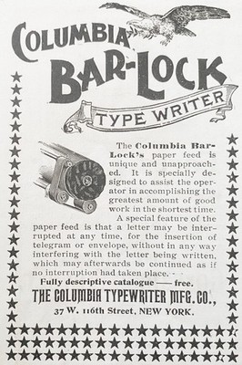 Unique Paper Feed COLUMBIA BAR-LOCK TYPEWRITER Antique 1896 Print Ad~Eagle&Stars