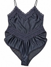 Vintage Christian Dior Navy Satin Lace Teddy Bodysuit L Lingerie USA