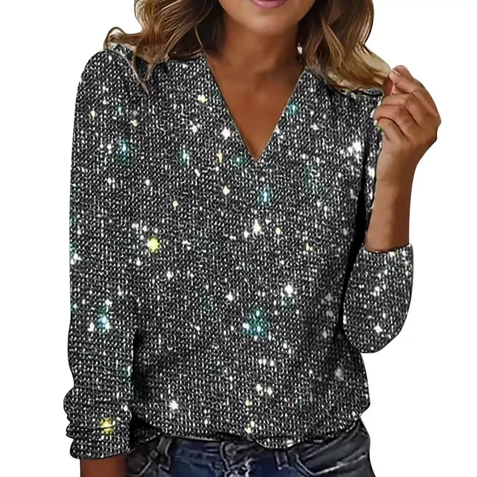 Tops Solid T V Women's Sequin Tops Long Casual Neck Shirt Sleeved Blouse Loose - Image 3 of 4
