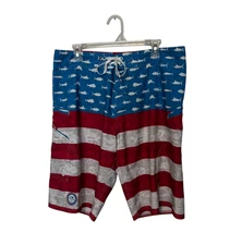 Pelagic Board Shorts Mens 34 Sharkskin Red White Blue American Flag Swim Fishing