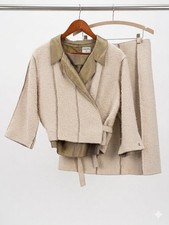 Chanel Tweed 3 Piezas Falda Traje con Blusa de Seda — Avena y Oliva Vintage