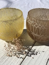 Vtg 50s 60s MCM Yellow Brown Spaghetti String Roly Poly Glasses Goblets Set 2