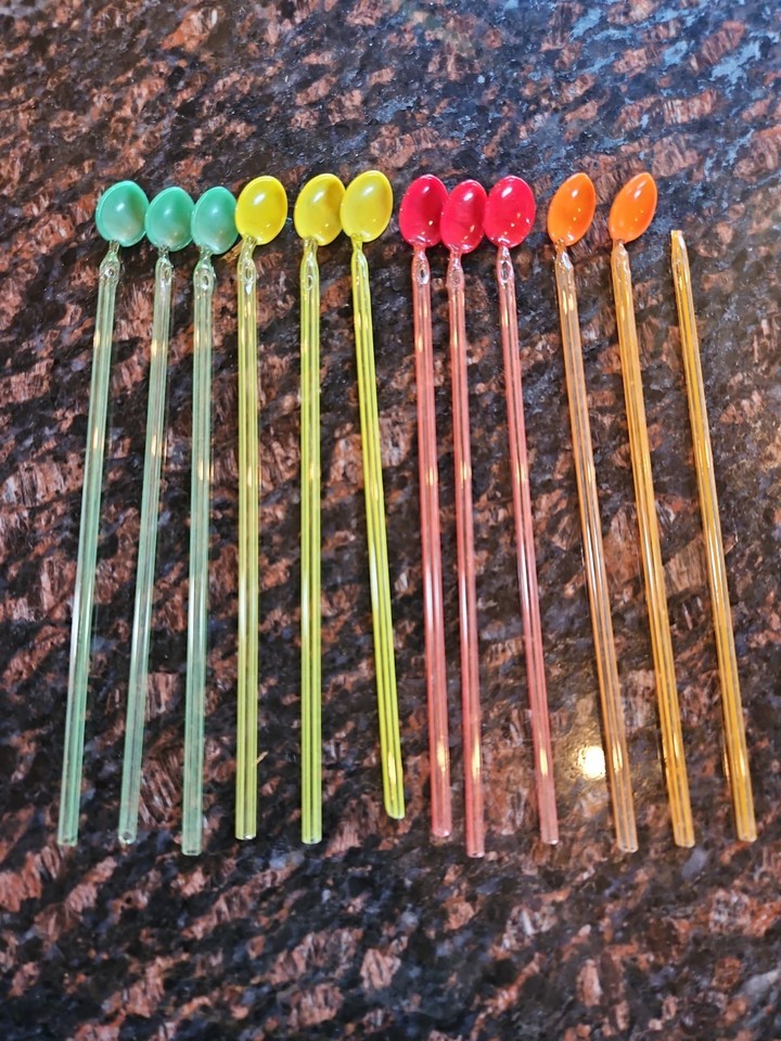 Vintage Glass Spoon Swizzle Stick Set Cocktail Stirrers MCM Barware, Some Glow