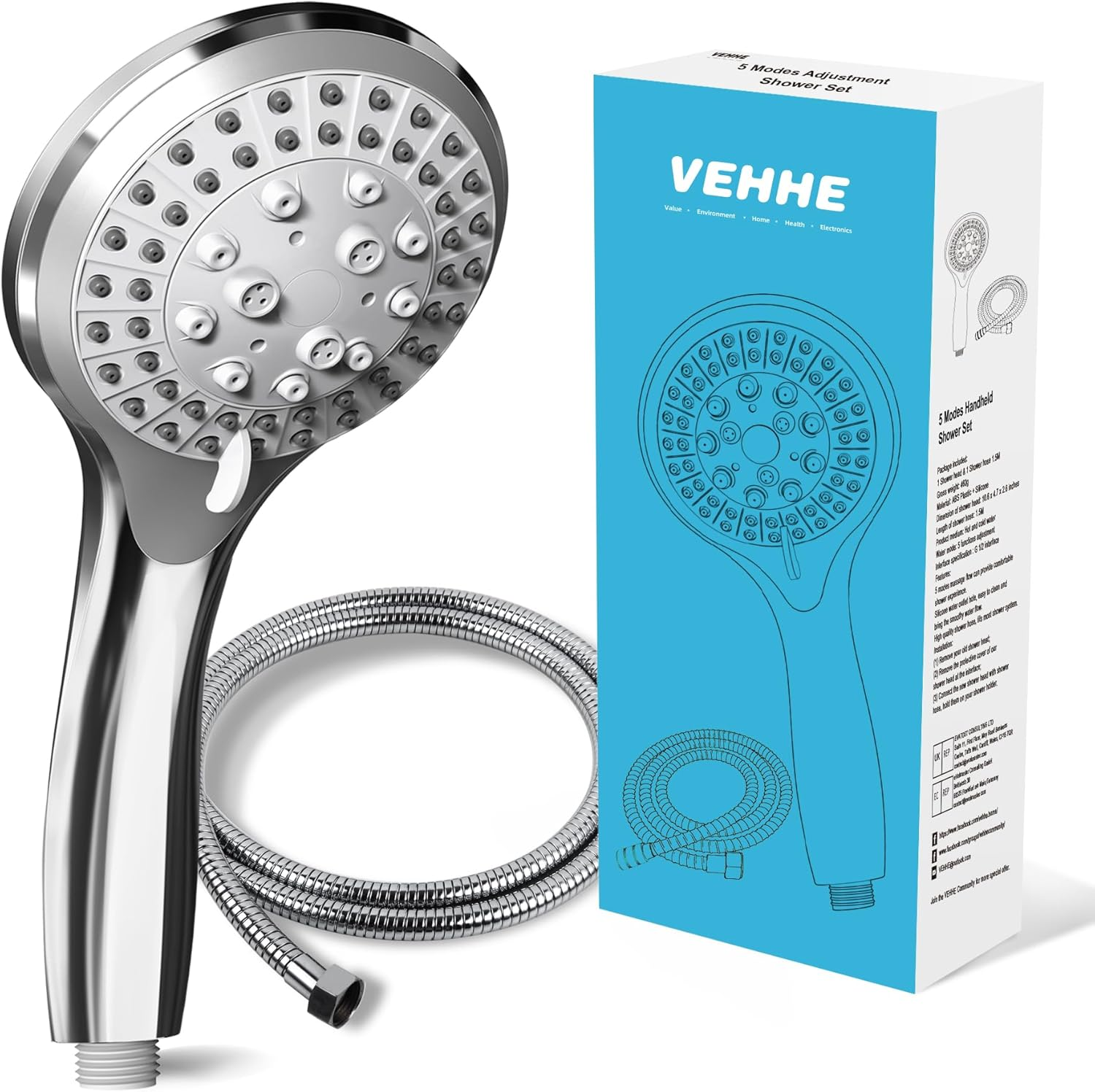 VEHHE Shower Head Powerful Flow with 1.5M Chrome Hose Pressure Boosting Shower H