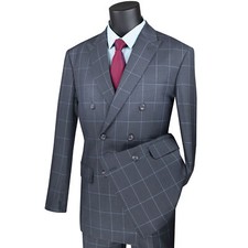 BIG  TALL Men's Gray Windowpane Double Breasted 6-Button Modern Suit NWT