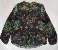 Citron Santa Monica Size S Black Silk Sheer Asian Floral Bird Blouse Shirt Top