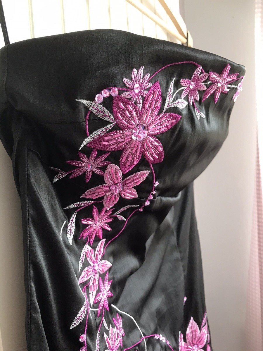 jane norman pink dress Y2K Jane Norman Black Strapless Satin Pink Embroidered Floral Dress Size 12
