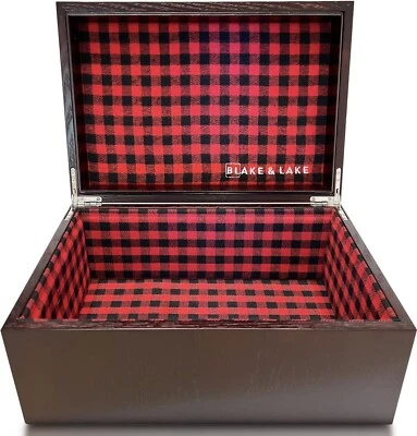 BLAKE & LAKE Buffalo Plaid Wooden Storage and Keepsake Box Hinge Dark Oak Wood for Home Decor