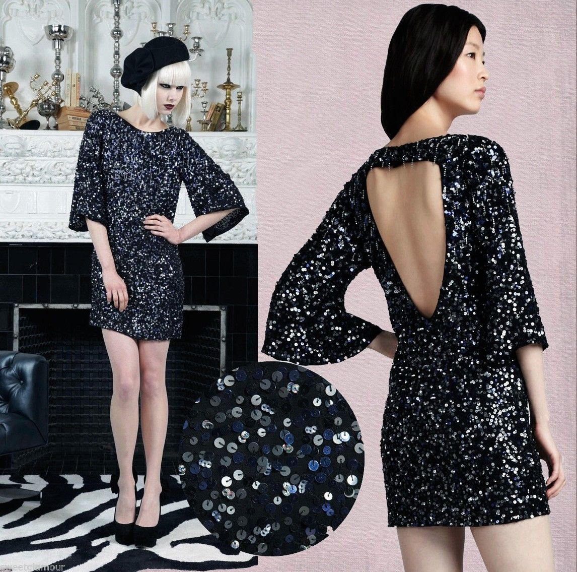 Alice + Olivia Liss Navy Blue Sequin Silk Open Cutout V-Back Shift Dress S  $597