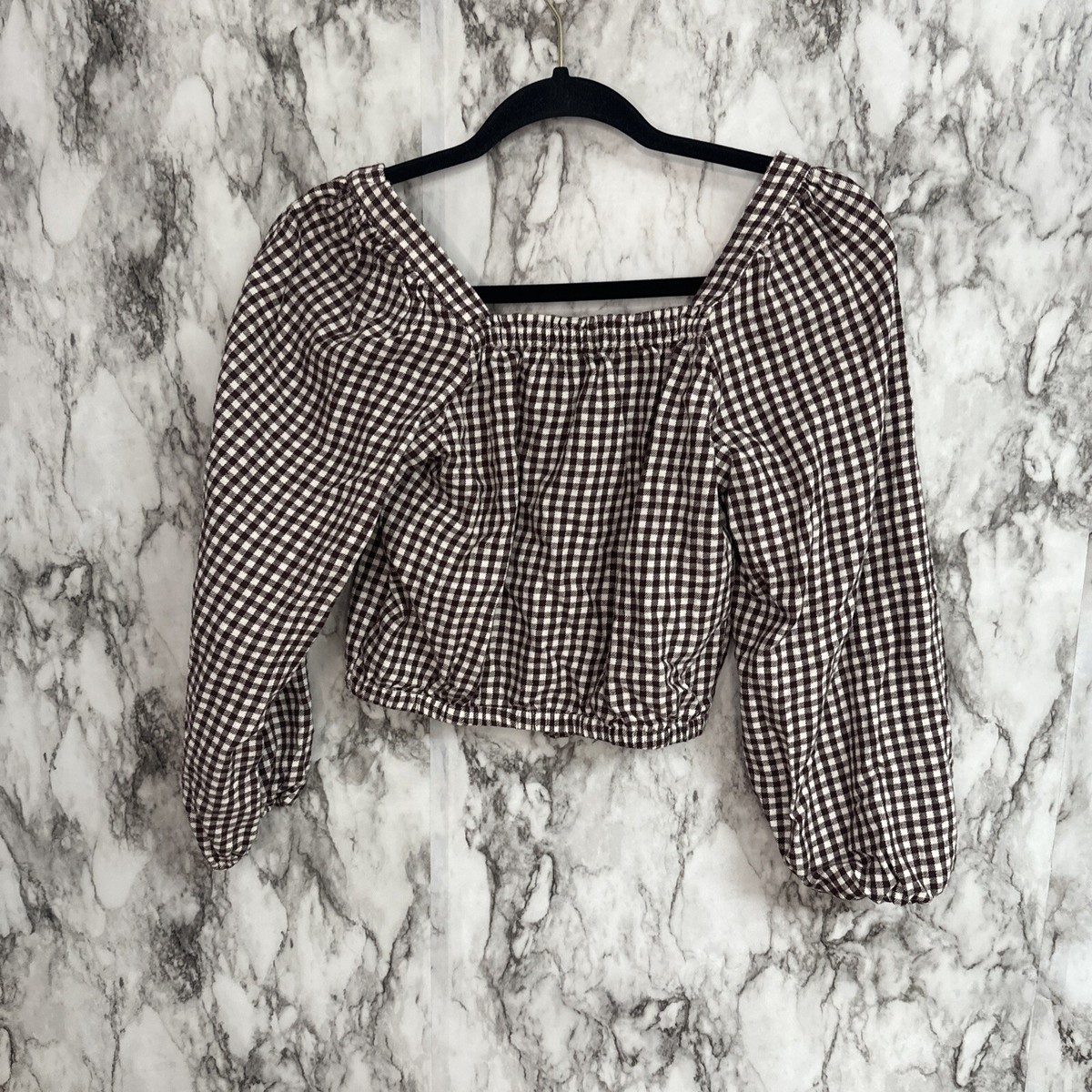 Madewell Women's Puff-Sleeve Button Front Crop Top in Brown Plaid