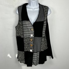 Retro Sweater Vest Sz L Black Patchwork Button Front Dark Academia VINTAGE