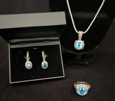 Effy Balissima Blue Lagoon Topaz Sterling silver Set Necklace Ring Earrings 