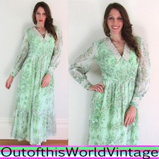 Vtg 70s VICTORIAN PRAIRIE DRESS green maxi FLORAL LACE FESTIVAL