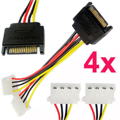 4 Stück 15cm 15Pin SATA Stecker auf 4 Pin Dual Buchse Molex Kabel Serial ATA Leitung PC CPU