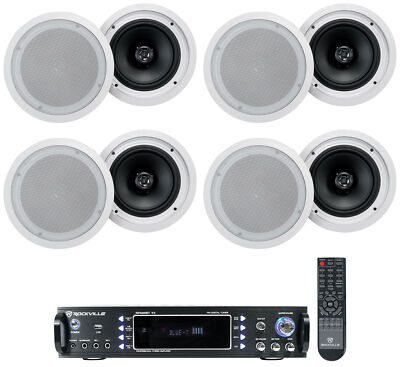 Rockville RPA60BT Home Theater Receiver Amplifier+(8) 8'' White Ceiling Speakers