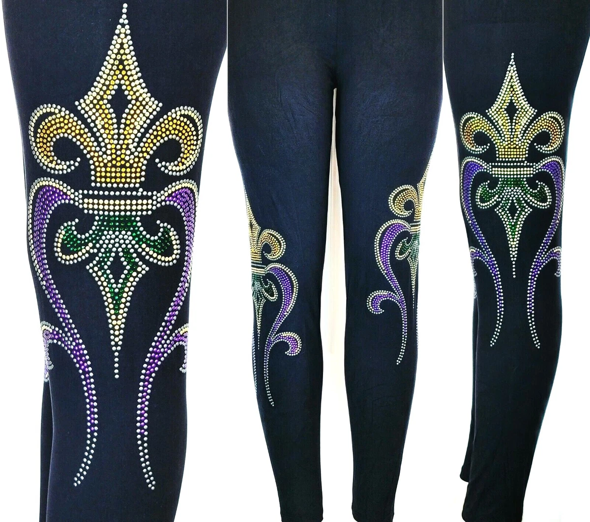 Plus One Size Leggings Mardi Gras Gold Purple Green Gothic French Fleur de  Lis