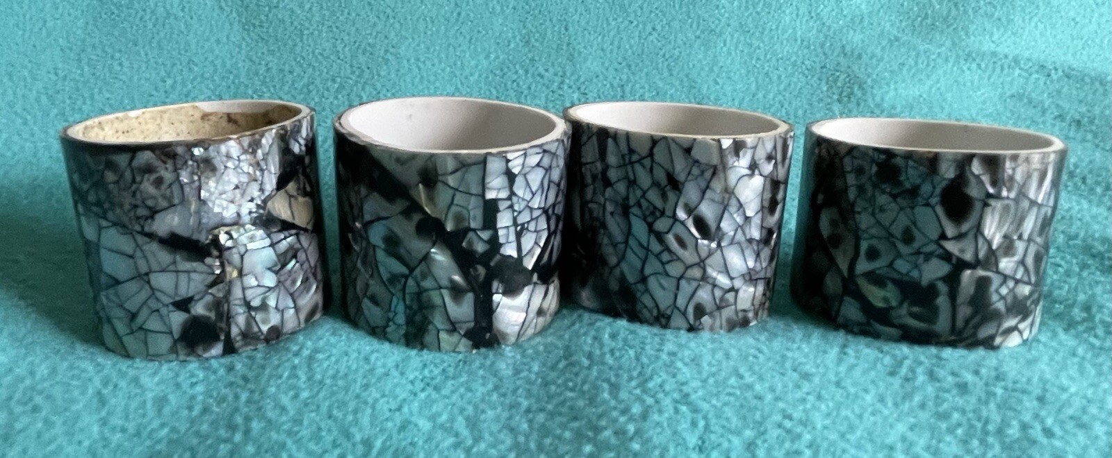 Set of 4 Inlay Blue Mother of Pearl Abalone Napkin Rings Made Over PVC Piping