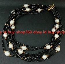 7 Strands 3mm Natural Faceted Black Spinel White Freshwater Pearl Necklace 18-20