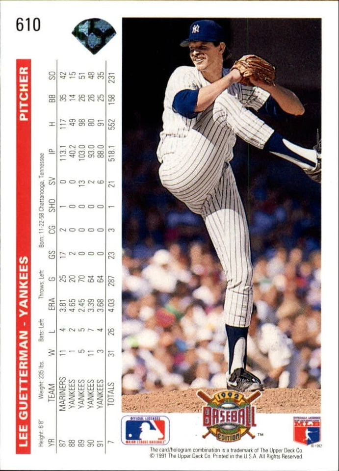 Lee Guetterman 1992 Upper Deck MLB #610 Baseball Card New York Yankees - Image 2 of 2