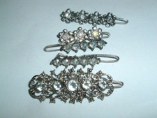 4 Vintage White Rhinestone Jeweled 2" Post Hair Clip Barrettes
