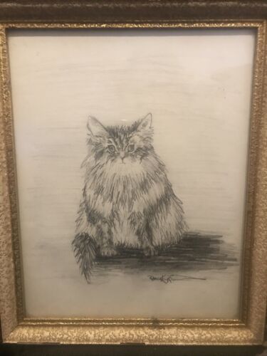 Black/White Kitty Pencil/Charcoal Drawing Framed Picture &#034;Rebecca&#034; Signed 8x10