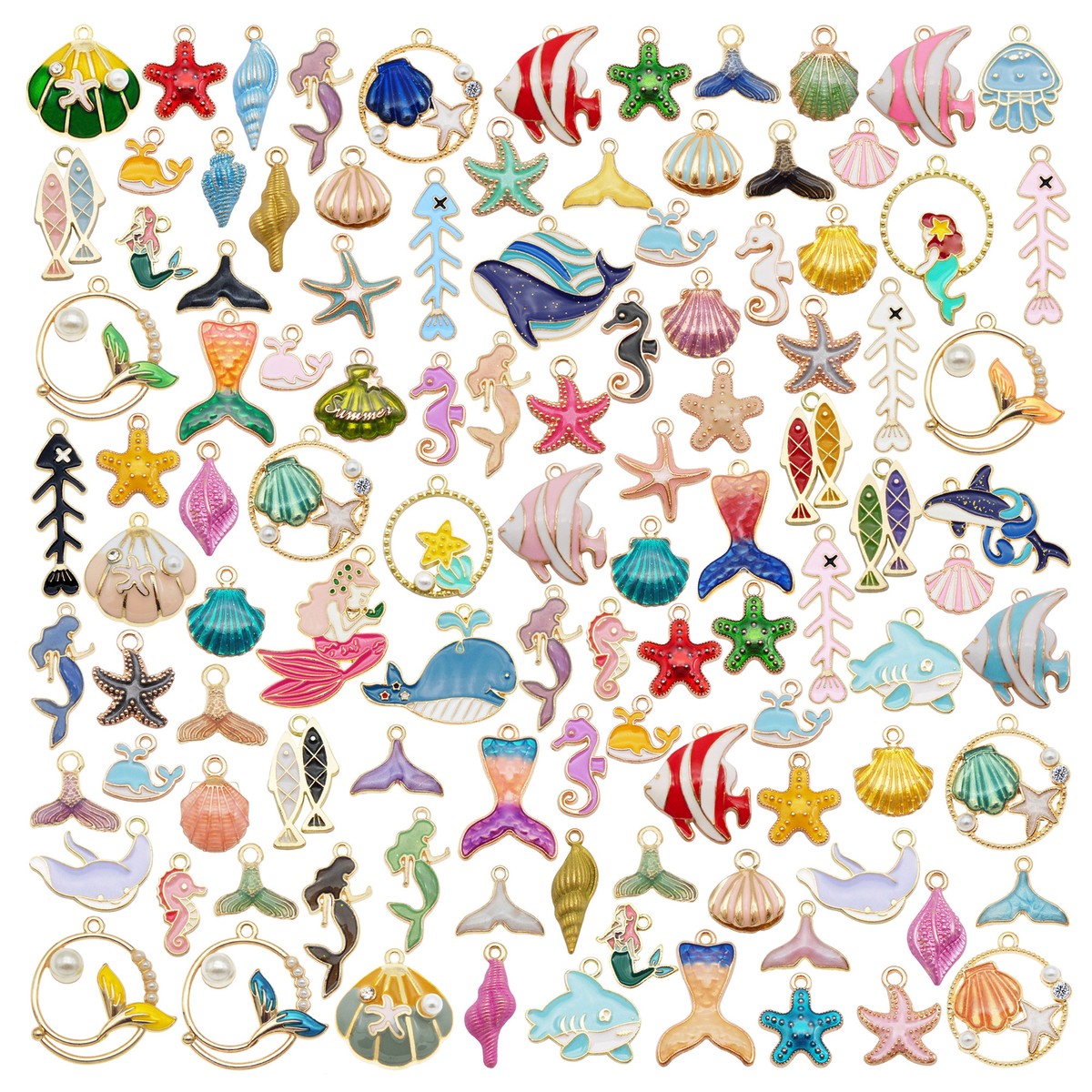 12pcs Ocean Theme Enamel Charms - Mermaid, Shells & Marine Life Jewelry Making Supplies