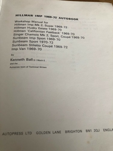 Autopress Hillman Imp Workshop Manual 1969-72 Autobook Singer & Sunbeam - Picture 2 of 4